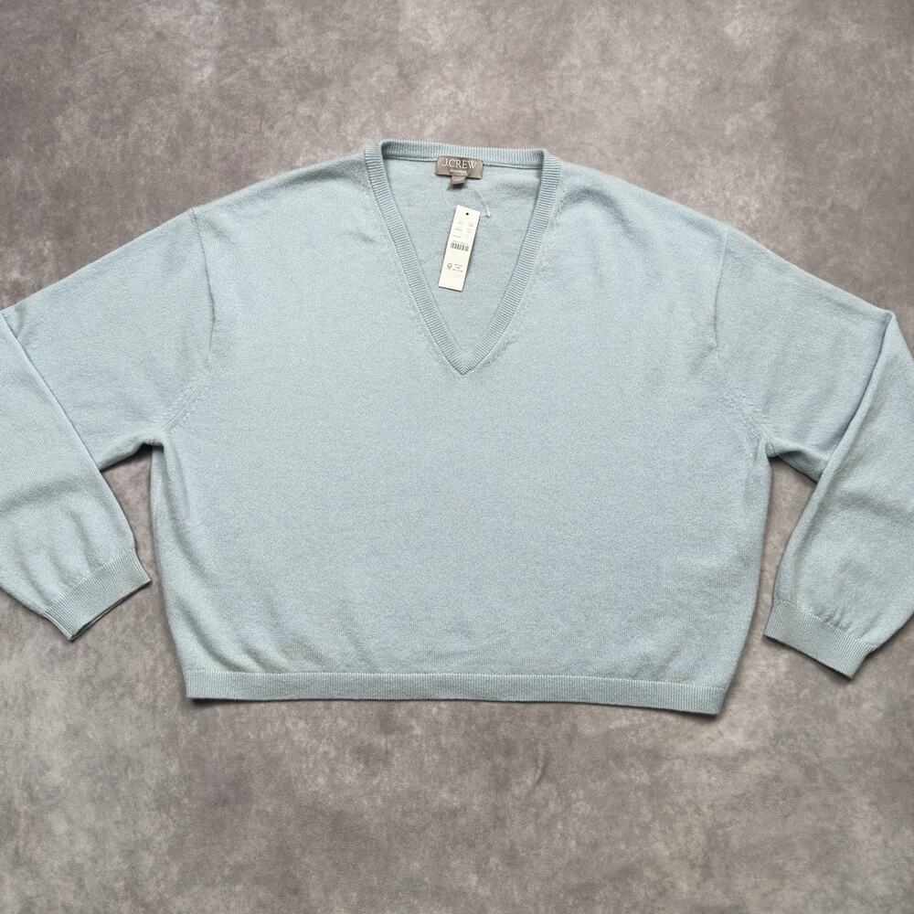 J Crew 100% Cashmere Relaxed Cropped V Neck Sweater Womens L NWT Pale Blue